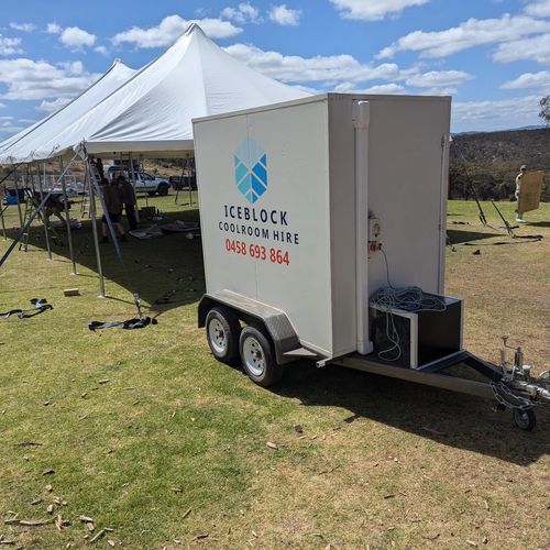Large 8x5 walk-in coolroom trailer set up at an event