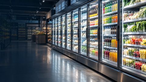 A run of glass-door refrigerated display cabinets in a retail store